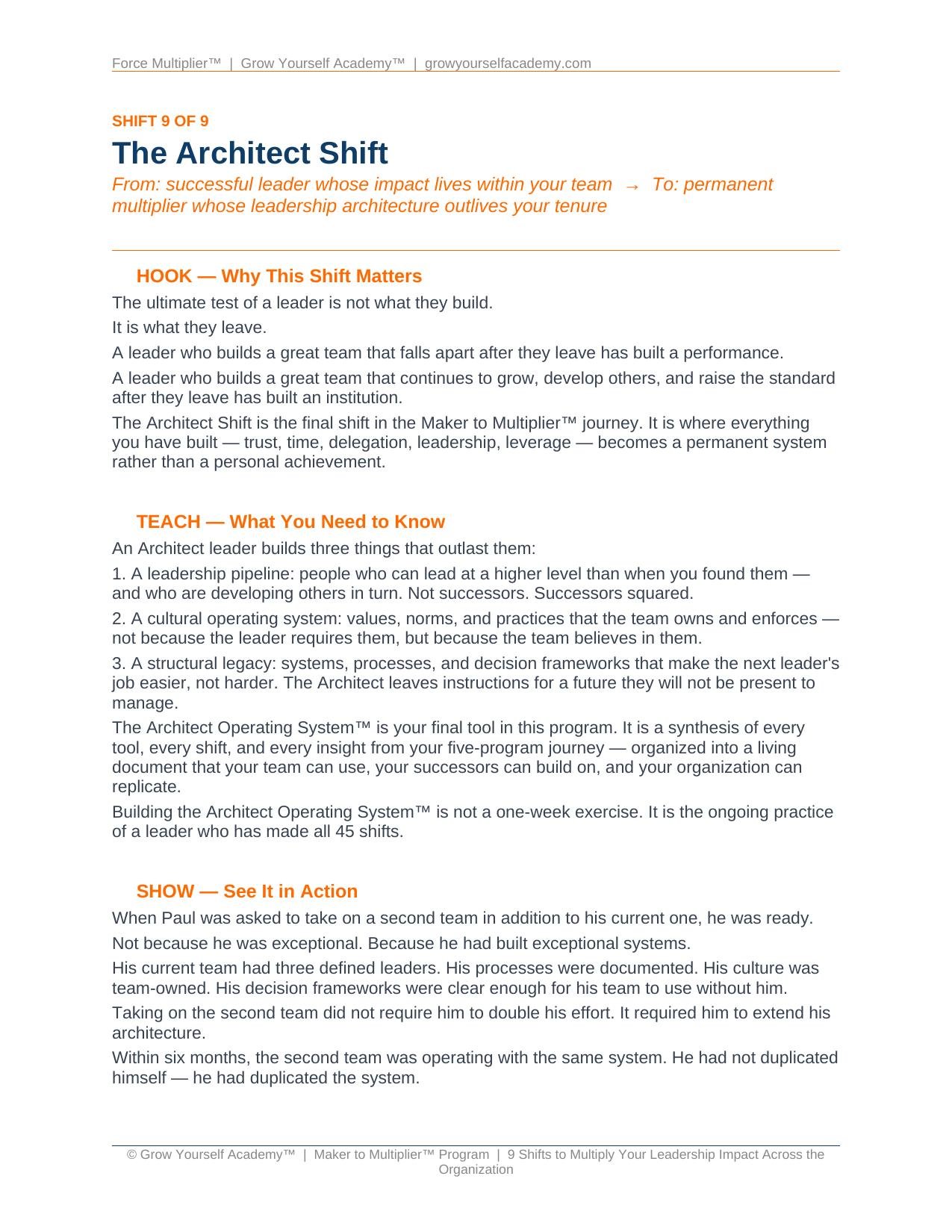 Force Multiplier Book page for the Architect Shift
