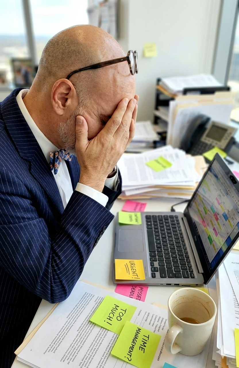 Jerry Ervin at an overloaded desk illustrating leadership pressure