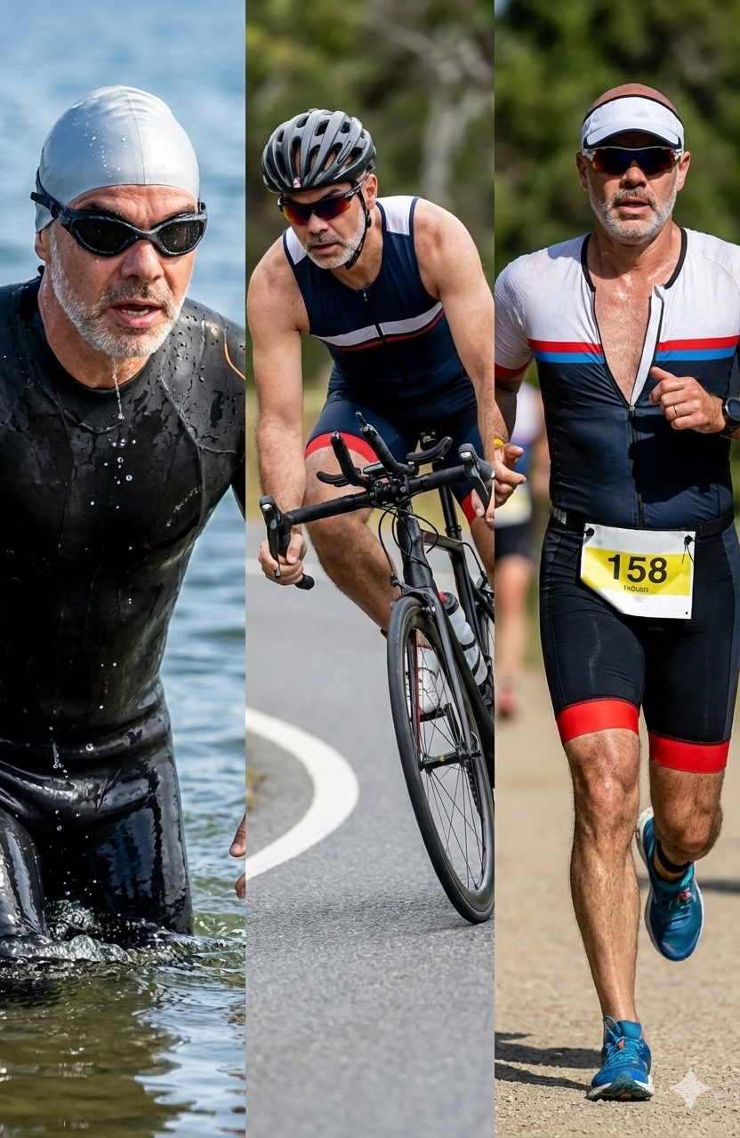 Jerry Ervin swimming, cycling, and running in triathlon competition