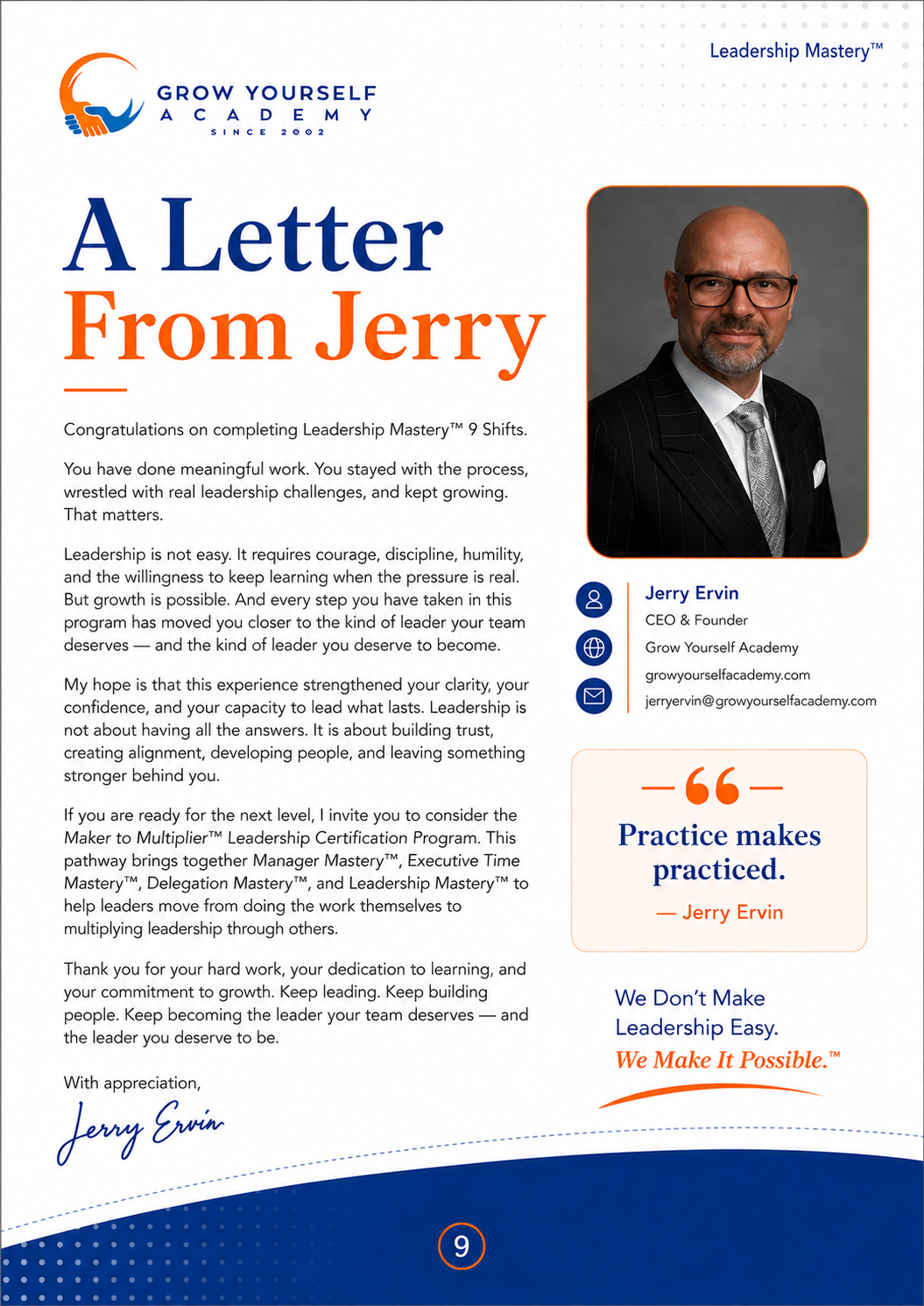 A Letter From Jerry inside the Leadership Mastery Program Booklet