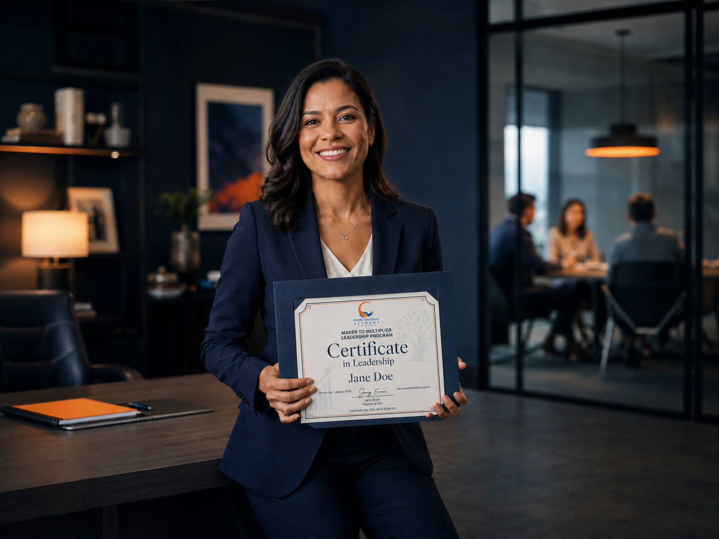 A successful professional leader proudly holding a Grow Yourself Academy Certificate in Leadership in a modern office